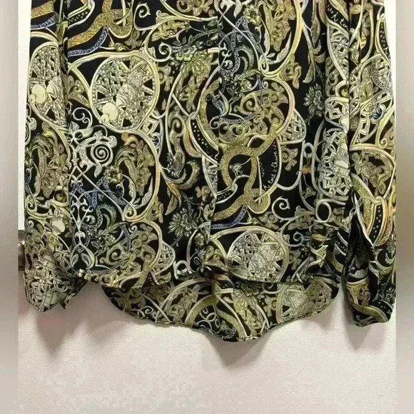 H&M Women Blouse Top Black Gold Floral Geometric Button Collar Long Sleeve US 4 - Picture 6 of 12